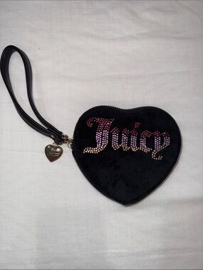 Juicy Couture Black Heart Wristlet with Multicolor Rhinestone Logo